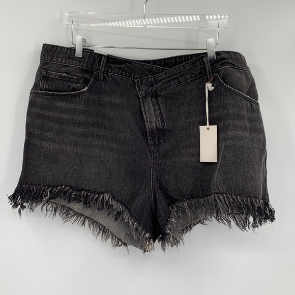 Good American 90's shorts cross-over high waist black jean denim fringe new 16 - Picture 2 of 5